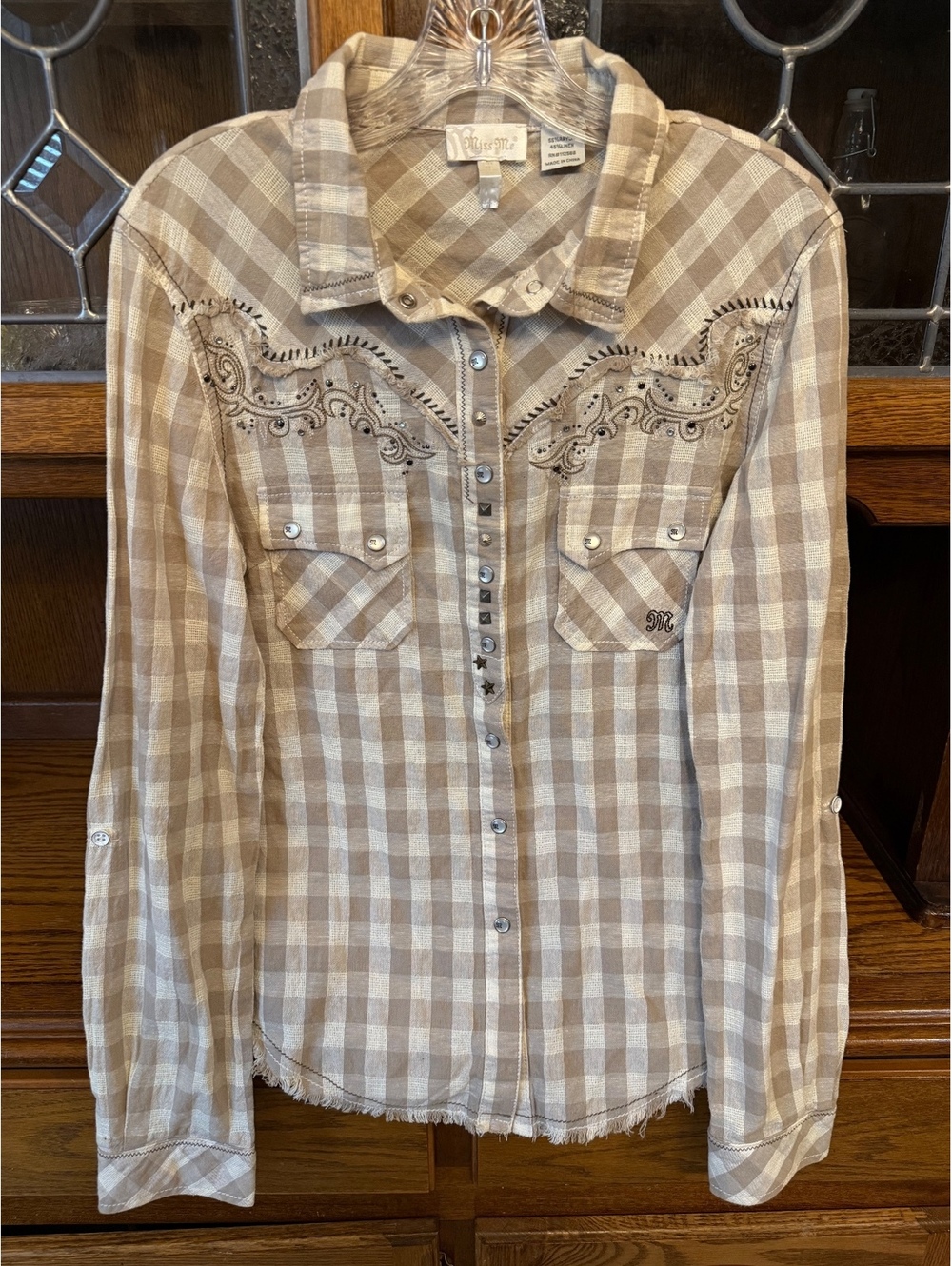 Miss Me Plaid Embroidered Western Snap Shirt Medium Tan Beige Linen Rayon